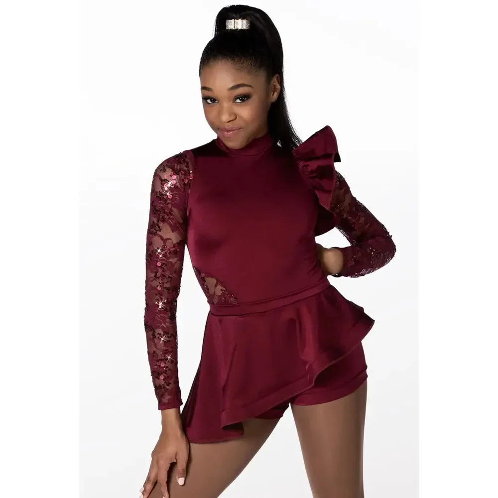 Pre-Owned Dance Costume Weissman 11973 XL Child Burgundy Ruffles Jazz